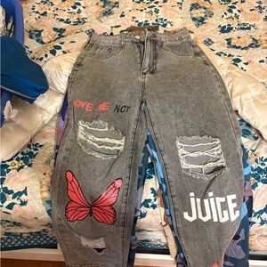SHEIN Gray Distressed Jeans with Red Butterfly and White Text